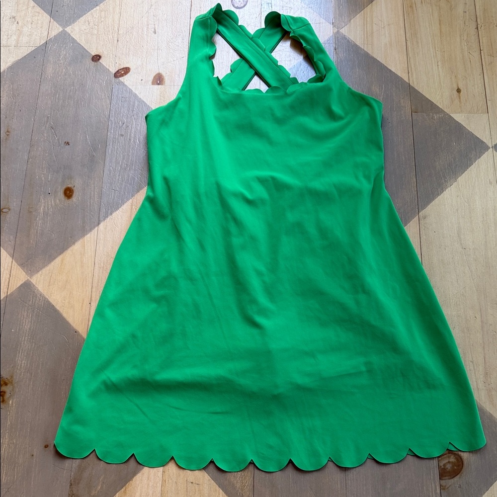 Green Scallop-Hem Sleeveless  Dress With Shorts Underneath